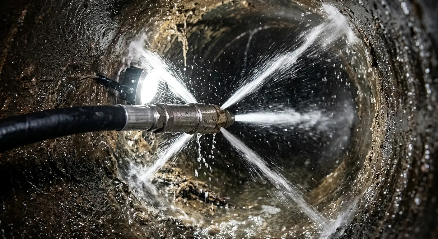 High-pressure hydro jetting nozzle cleaning sewer pipe for Emergency Drain Service in Independence